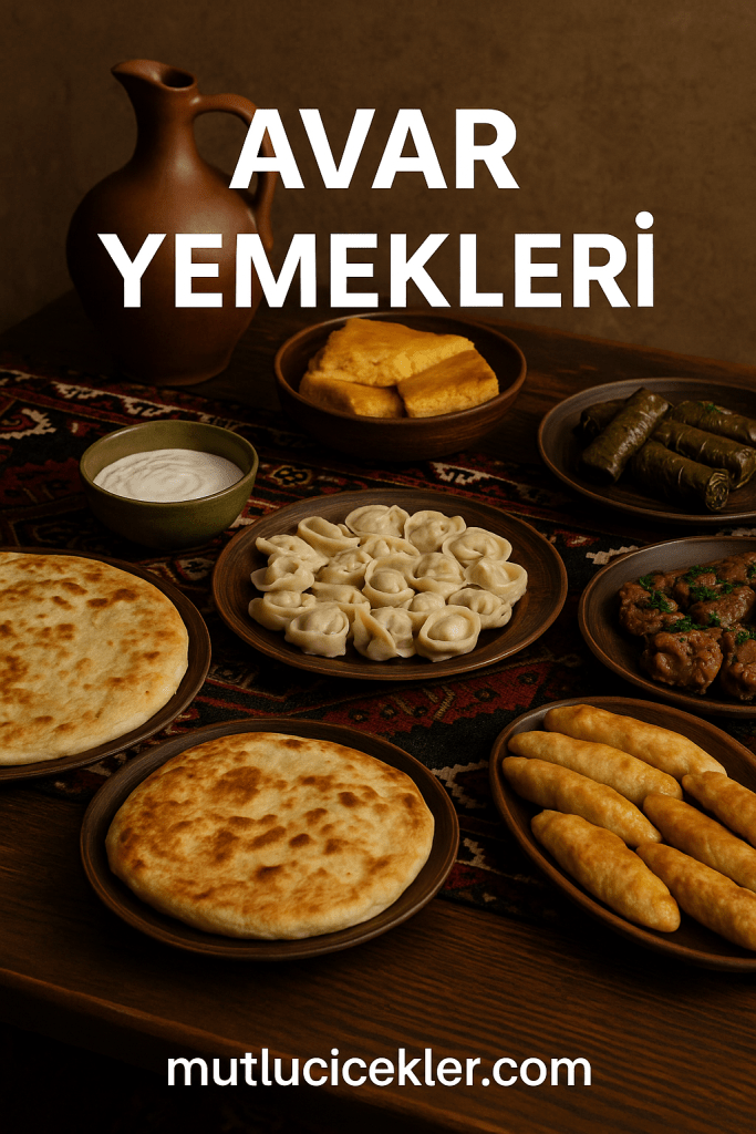Avar yemeklerinin sergilendiği bir masa. Üzerinde çeşitli yemekler, ekmekler ve yoğurt kapları yer alıyor.