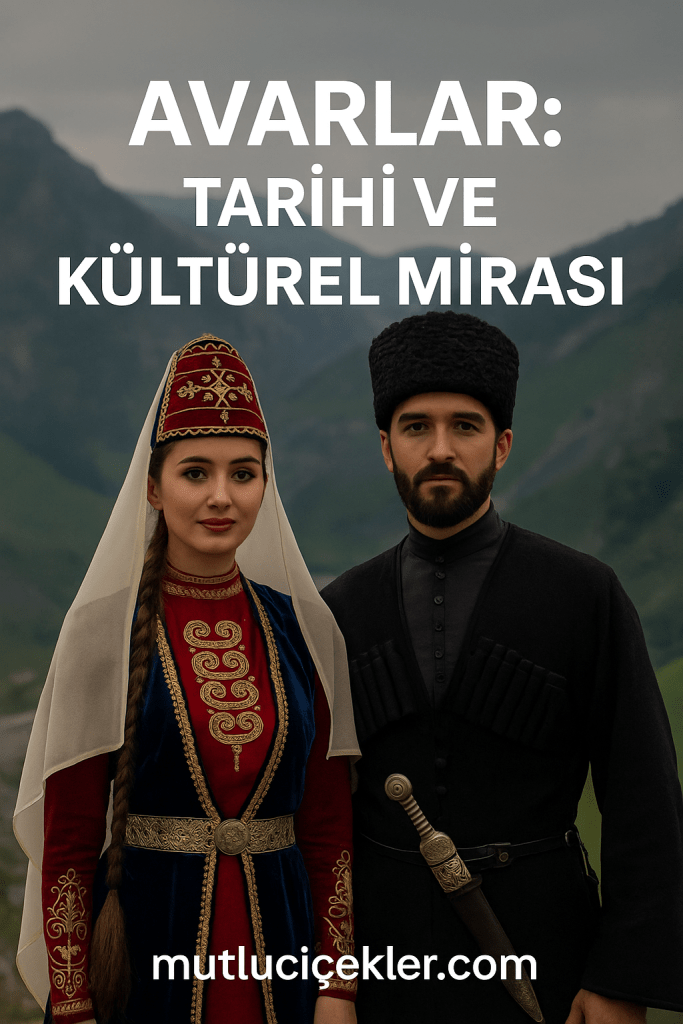 Avar geleneksel kıyafetleri giymiş bir kadın ve adam, arka planda dağ manzarası ile poz veriyor.