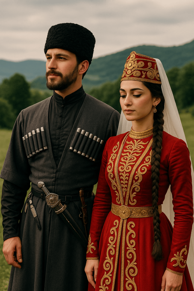 Bir erkek ve kadın, geleneksel Avar kıyafetleri giyerek doğada duruyor. Erkek, siyah kaftan ve şapka, kadın ise kırmızı ve altın işlemeli bir elbise ile görünmekte.