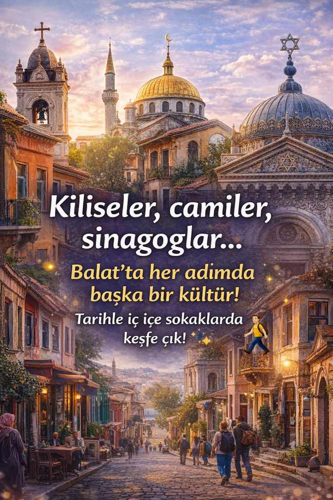 Balat'ta yer alan tarihi yapılar, kiliseler, camiler ve sinagoglarla dolu bir sokak manzarası. Renkli evlerin sıralandığı dar bir sokak, yürüyen insanlarla canlanmış.