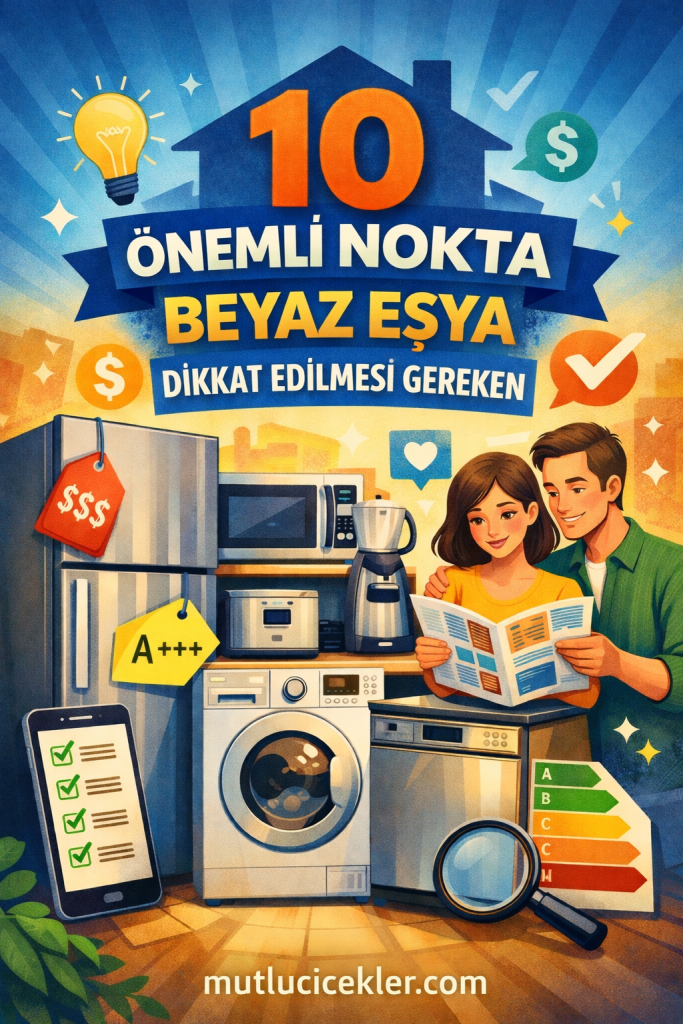 Bir evin mutfak ve çamaşır odasında bulunan çeşitli beyaz eşyalar, enerji verimliliği sembolleri ve kullanıcıların dikkate alması gereken önemli noktaları gösteren bir illüstrasyon. İki kişi, bir broşür incelerken ve akıllı telefon kullanarak ürünleri değerlendirmektedir.