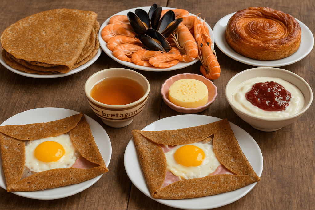 Bir tabak içinde çeşitli Breton yemekleri; galette, deniz ürünleri, elma şarabı ve tatlılar yer alıyor.