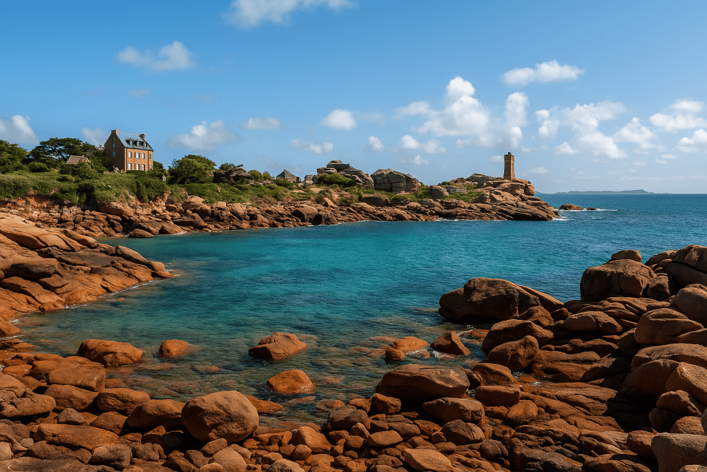 Pembe granit kayalıkların ve mavi denizin oluşturduğu manzara, Bretonya'nın doğal güzelliklerini yansıtan bir sahil görüntüsü.