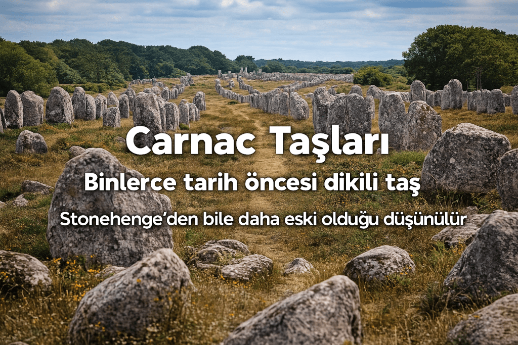 Carnac Taşları, binlerce tarih öncesi dikili taşın bulunduğu bir alan, açık bir yeşil alan üzerinde sıralanmış taşlar.