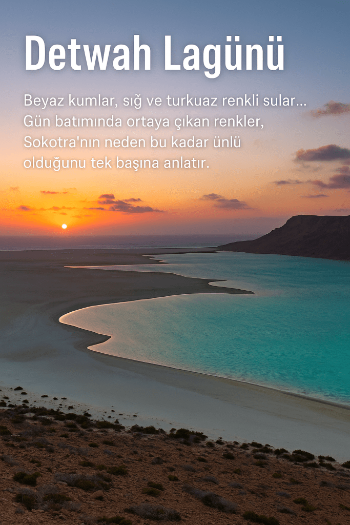 Detwah Lagünü'nde beyaz kumlar ve turkuaz suların birleştiği manzara, gün batımındaki renk oyunlarıyla dikkat çekiyor.