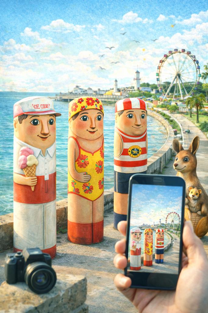 Geelong sahilinde, el boyaması bollard heykellerinin önünde bir kişi, akıllı telefonuyla fotoğraf çekiyor. Arka planda dönme dolap ve tarihi yapılar görünmekte.