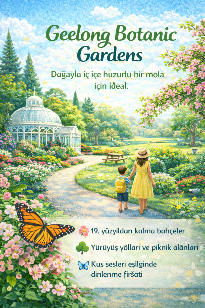 Geelong Botanik Bahçeleri'nde yürüyüş yapan bir çocuk ve bir yetişkin, rengarenk çiçeklerle çevrili bir patikada ilerliyor. Arkada güzel bir sera ve yemyeşil ağaçlar görünmekte.
