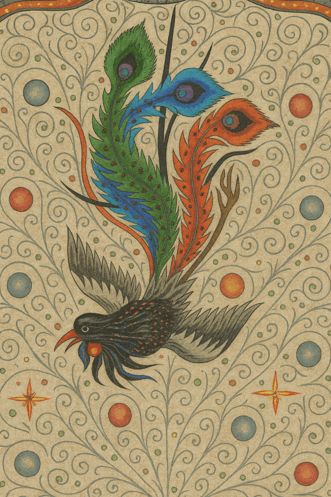 An artistic depiction of the mythical Hüma Bird, featuring vibrant feathers in blue, green, and orange, soaring against a decorative background of swirling patterns and colored dots.