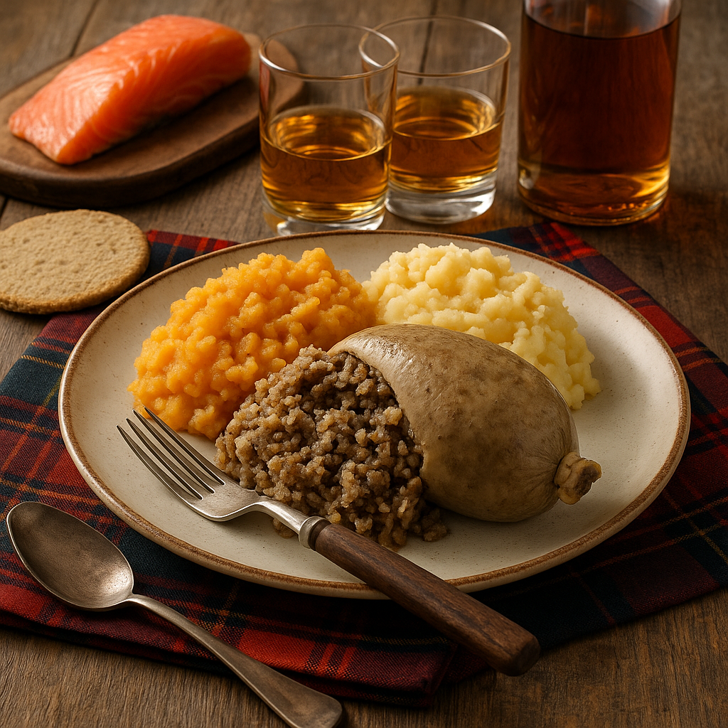 Bir tabakta geleneksel İskoç yemeği Haggis, tatlı patates püresi ve beyaz patates püresi ile servis edilmektedir. Arkada birkaç kadeh İskoç viskisi ve bir parça füme somon görünmektedir.