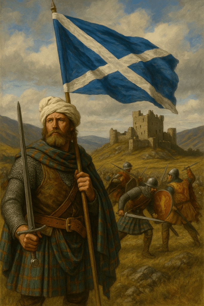 İskoç bir savaşçı, elinde kılıcı tutmuş ve İskoç bayrağını dalgalandırarak savaşa hazırlanıyor. Arka planda bir kale ve başka savaşçılar yer alıyor.