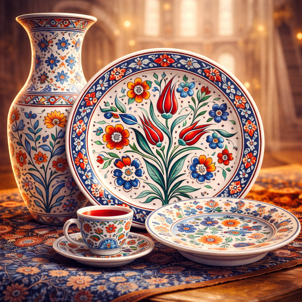 A collection of traditional Iznik ceramics, including a decorative vase, plate, and teacup, featuring vibrant floral motifs and intricate designs set against a rich patterned fabric background.