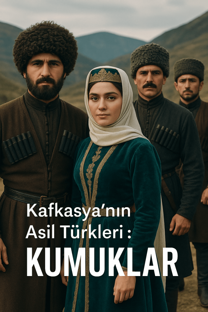 Dört Kumuk Türkü, geleneksel giysiler içinde bir dağ manzarasında poz veriyor.