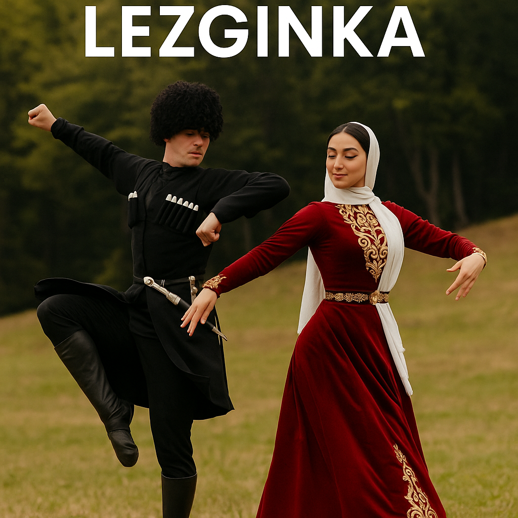 İki Avar dansçısı geleneksel Lezginka dansı yaparken, erkek siyah kıyafet ve kalpak giymekte, kadın ise uzun kırmızı elbise ve beyaz başörtüsü takmaktadır.
