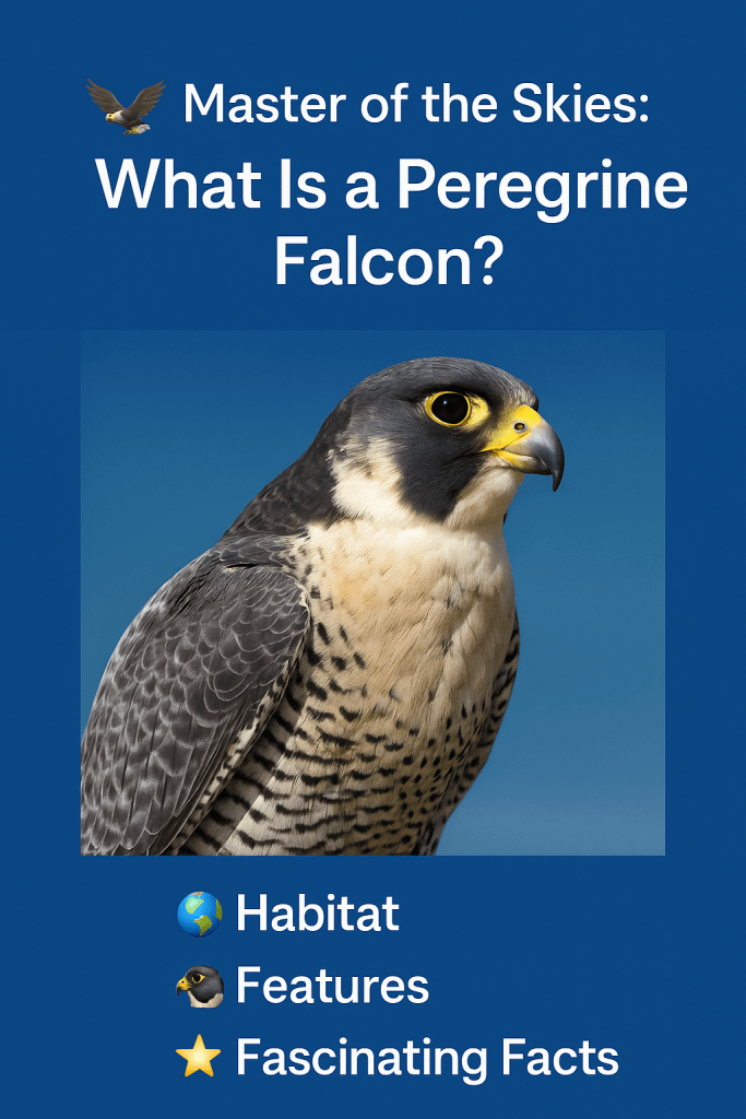 Close-up image of a Peregrine Falcon against a blue background, accompanied by text that reads 'Master of the Skies: What Is a Peregrine Falcon?'. The design includes icons representing habitat, features, and fascinating facts.