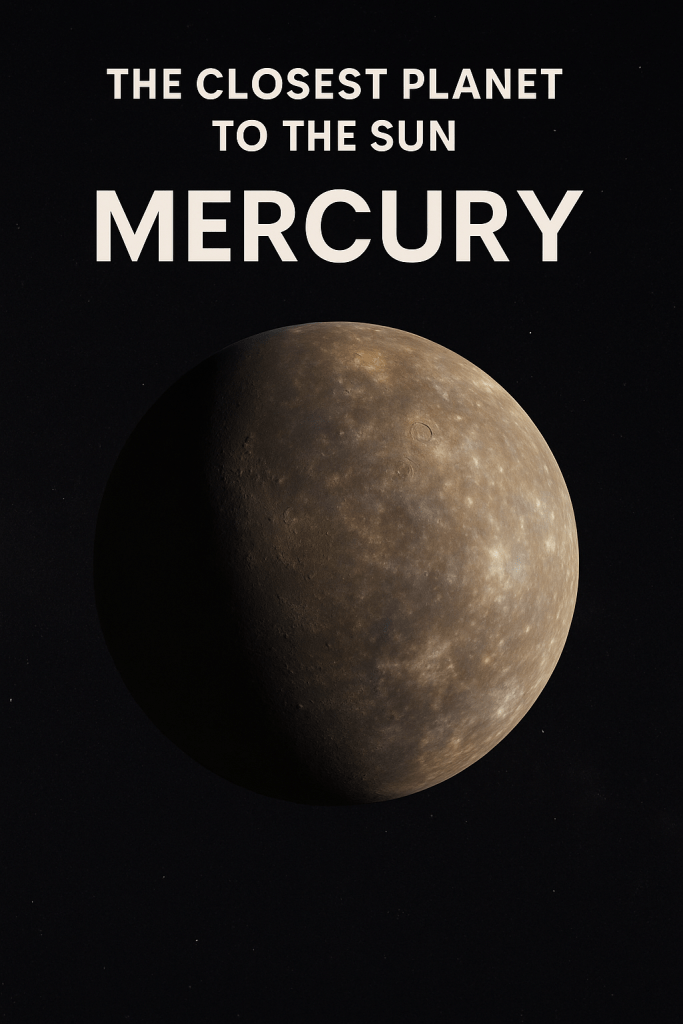 Illustration of Mercury, the closest planet to the Sun, showcasing its surface features against a dark background with the label 'MERCURY'.