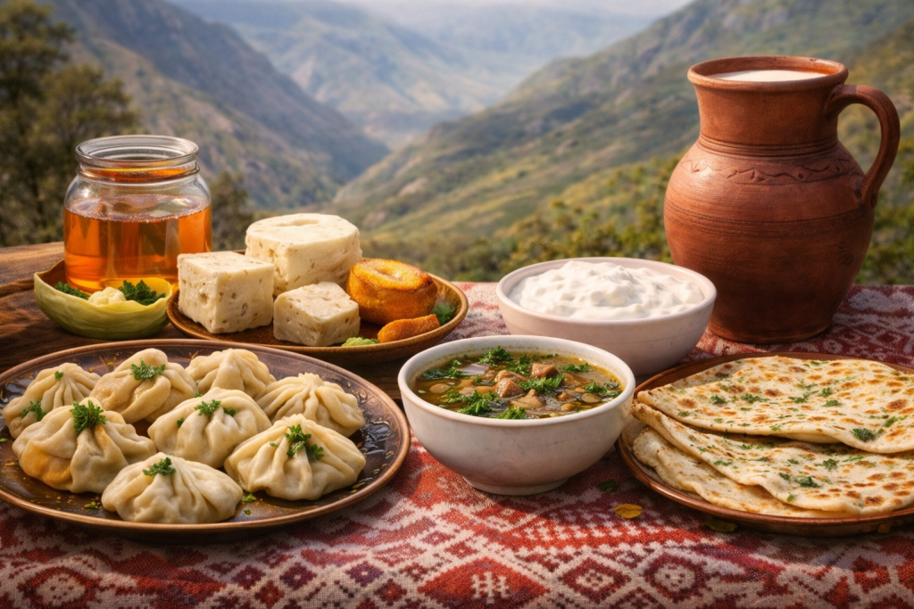 Geleneksel Rutul yemekleri: hamur parçaları (Hingal), etli çorba, ev yapımı peynir, yoğurt ve pide ile birlikte doğal bir manzara arka planda.