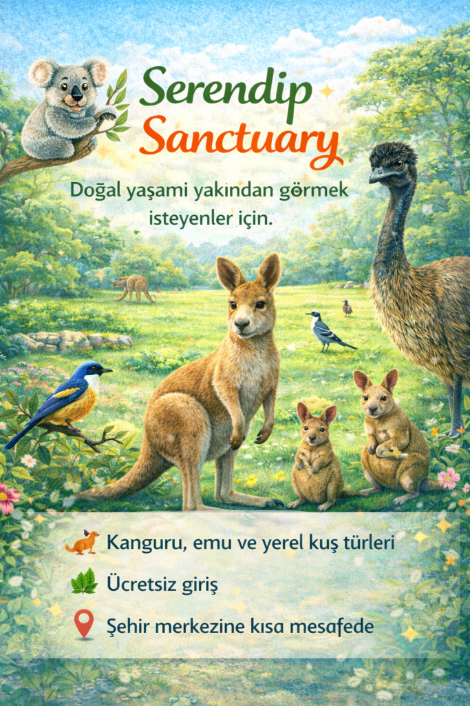 Serendip Sanctuary tanıtım afişi, doğal yaşamı yakından görmek isteyenler için kanguru, emu ve yerel kuş türlerini vurguluyor.
