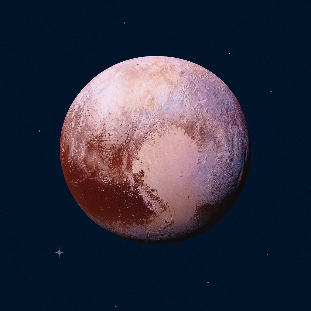 Artist's impression of Pluto, showcasing its colorful surface features and atmosphere against a dark space background.