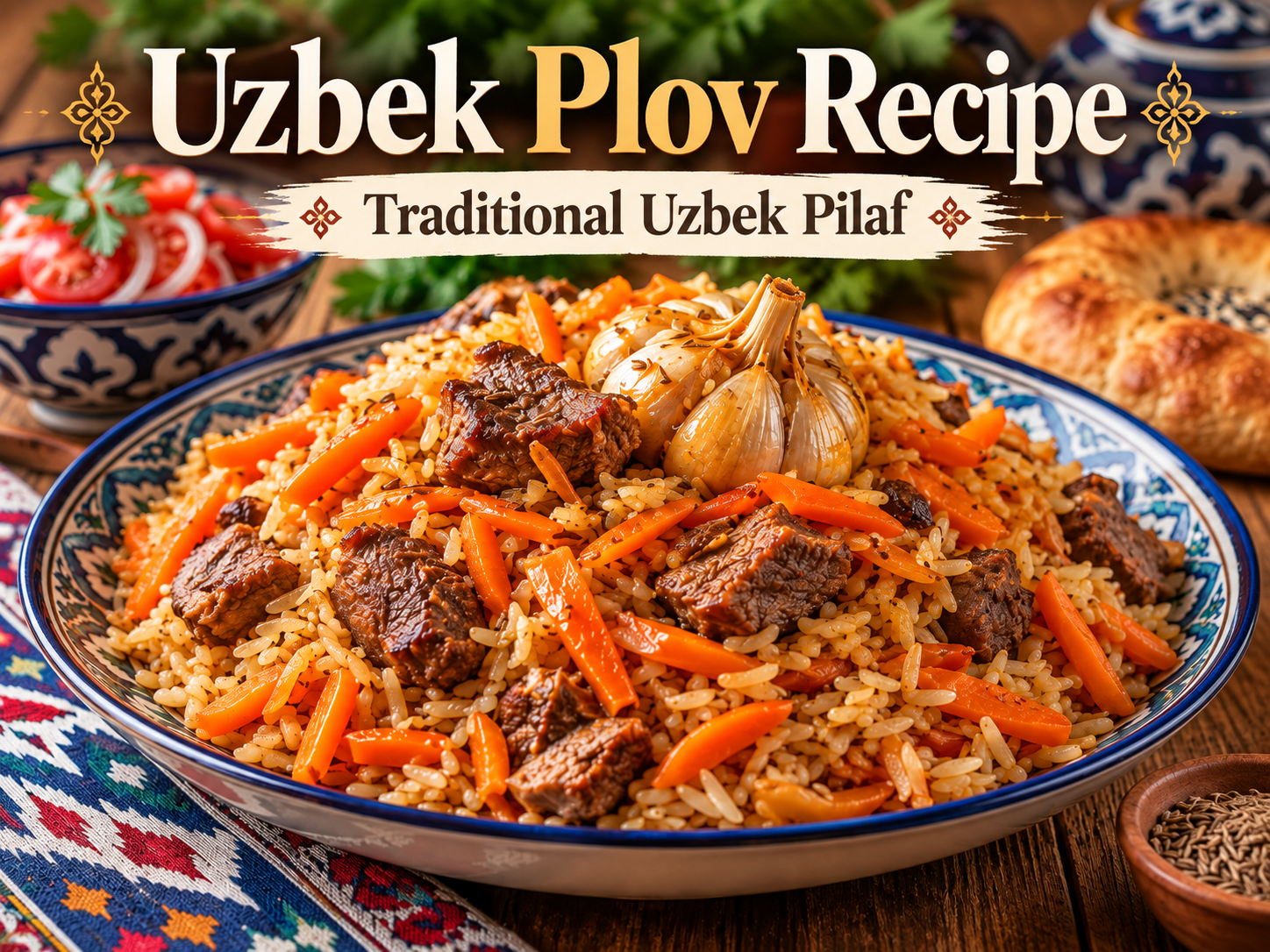 Traditional Uzbek plov with rice, meat and carrots