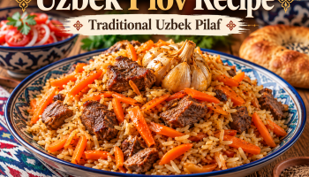 Traditional Uzbek plov with rice, meat and carrots