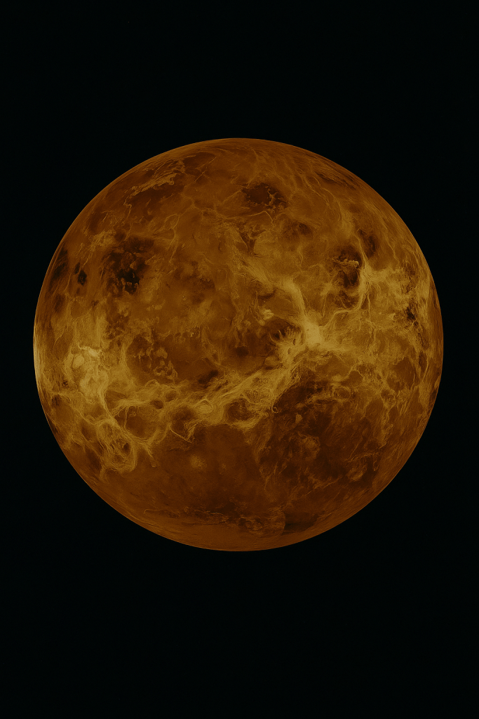 Venüs gezegeninin detaylı görünümü, üzerinde yoğun bulutların olduğu turuncu renkli yüzeyiyle.