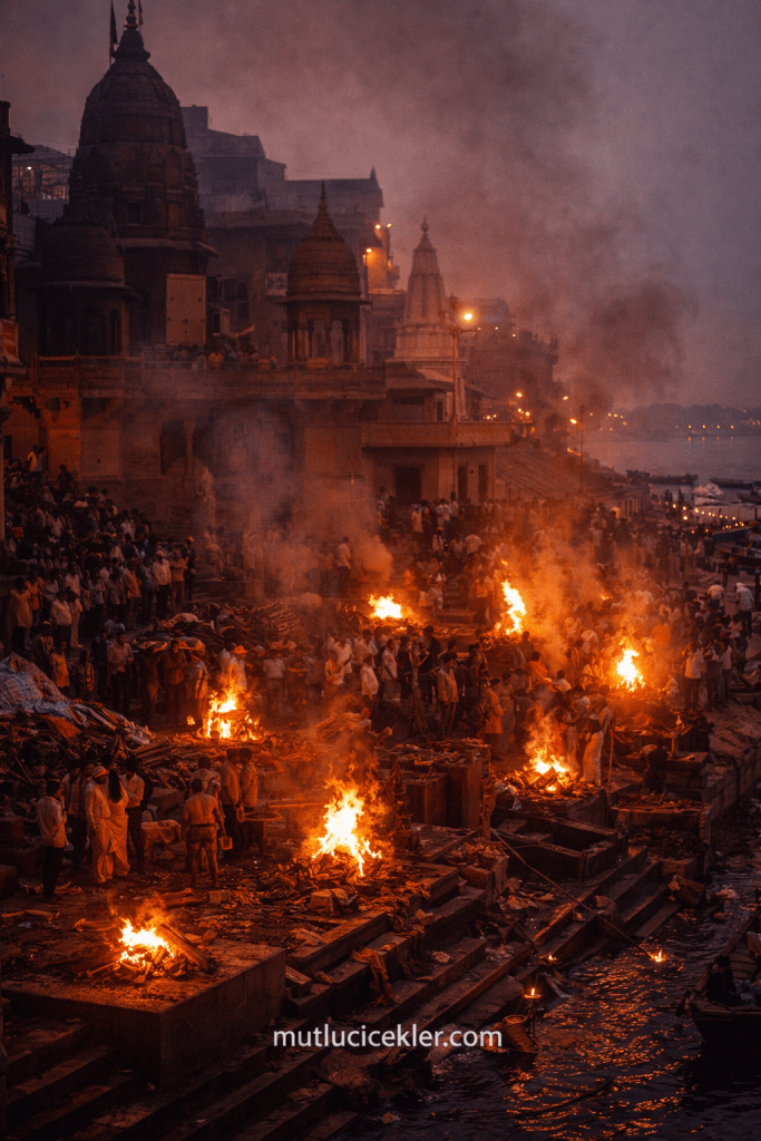 Varanasi'de, Ganj Nehri kıyısında, Manikarnika Ghat'ta gerçekleştirilen cenaze ritüellerini gösteren bir görüntü. Ateşler yanmakta ve çevresinde izleyici kalabalığı bulunmaktadır.