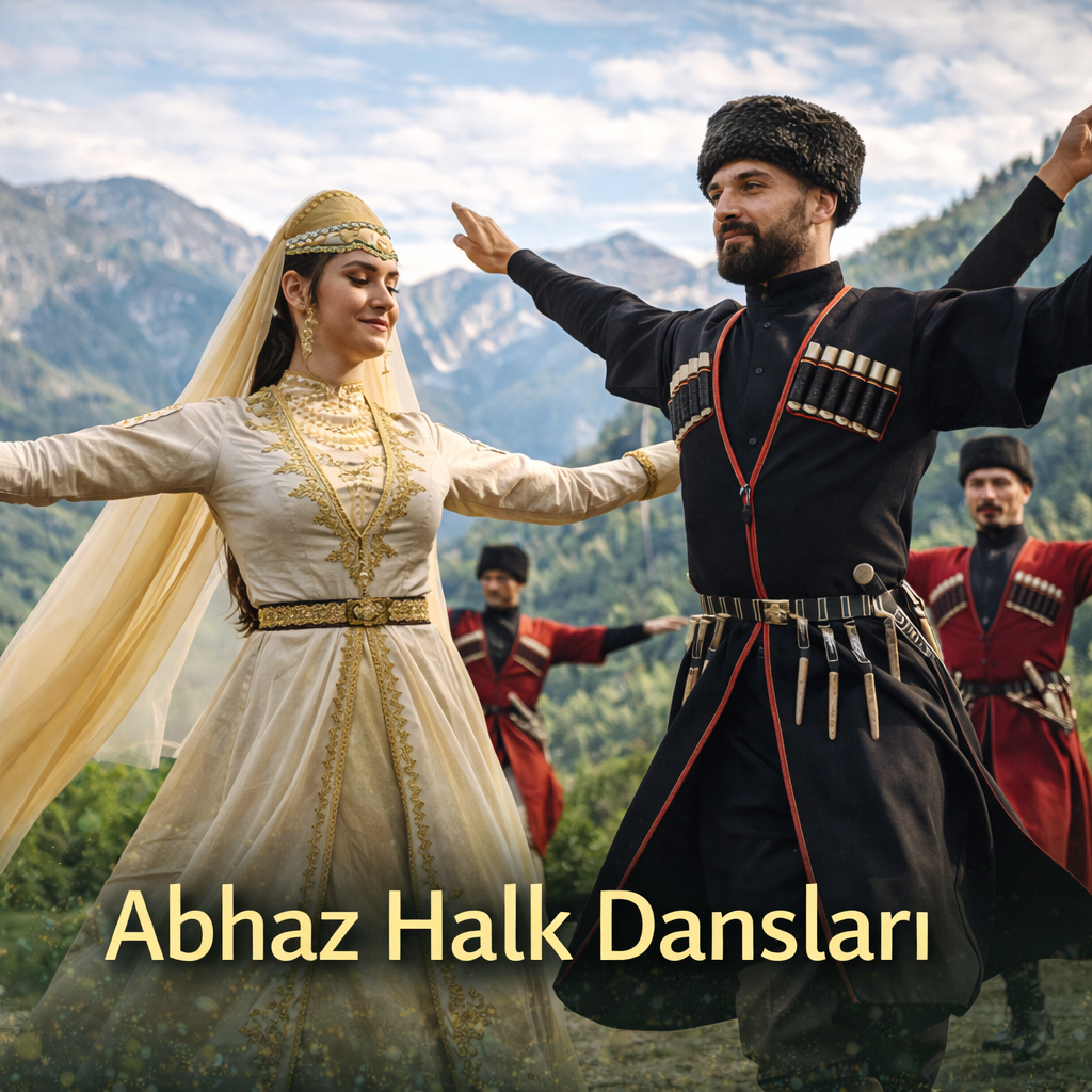 Abhaz halk dansı yapan erkek ve kadınlar, doğal bir dağ manzarasında geleneksel kıyafetler içinde gösteri yapıyor.