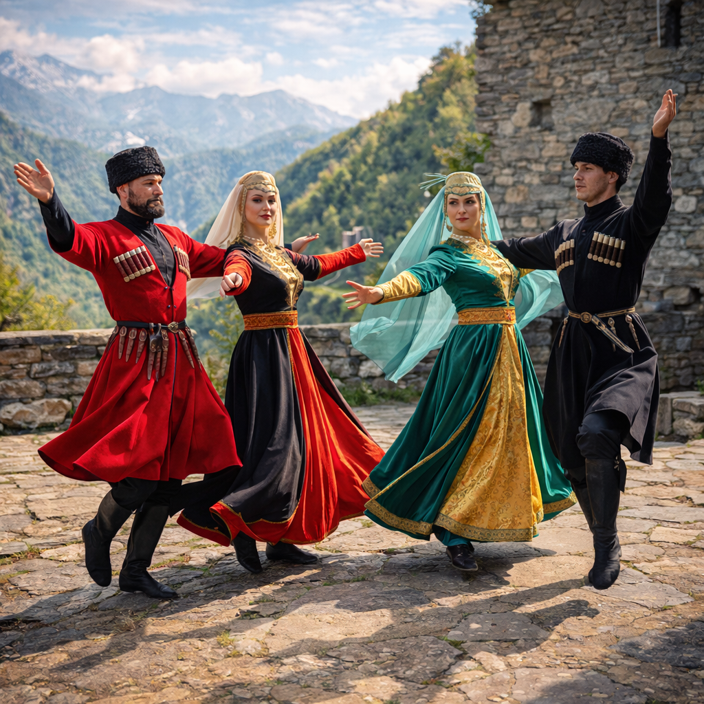 Dört geleneksel kıyafetli dansçı, dağ manzarası eşliğinde dans ediyor.