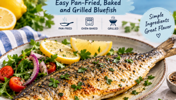 Easy bluefish recipe with grilled fish, lemon, herbs and fresh salad