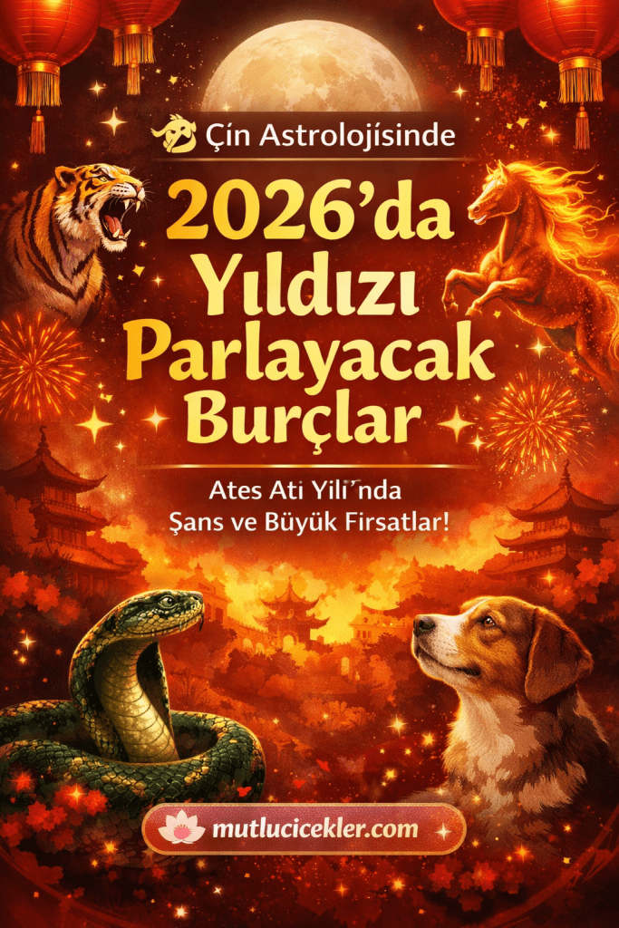Çin astrolojisinde 2026 Ateş Atı Yılı'nı temsil eden bir görsel, arka planda ateş, ay, kaplan, yılan ve köpek figürleri ile birlikte parlak renkler ve kaligrafik yazılar içermektedir.