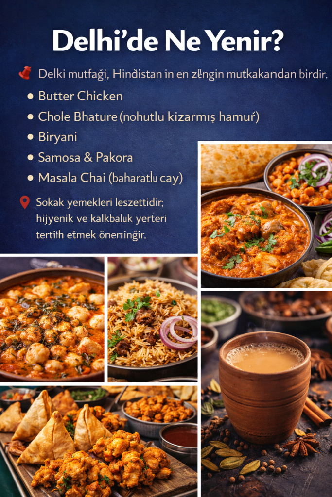 Delhi mutfağından çeşitli yemeklerin yer aldığı bir görüntü; sağda sıcak bir çay, solda samosa, pakora ve pilav çeşitleri, alt kısımda ise baharatlarla hazırlanmış yemek tabakları.