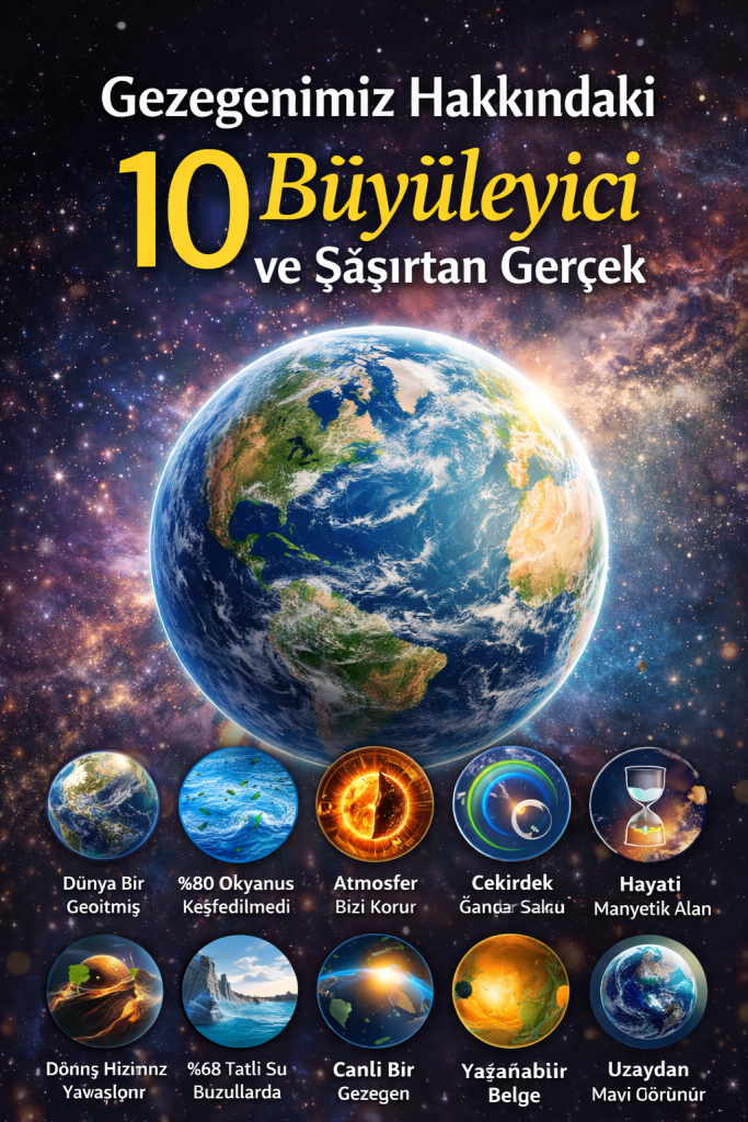 Dünya'nın uzaydan görüntüsü, etrafında yıldızlar ve gezegenler ile beraber.