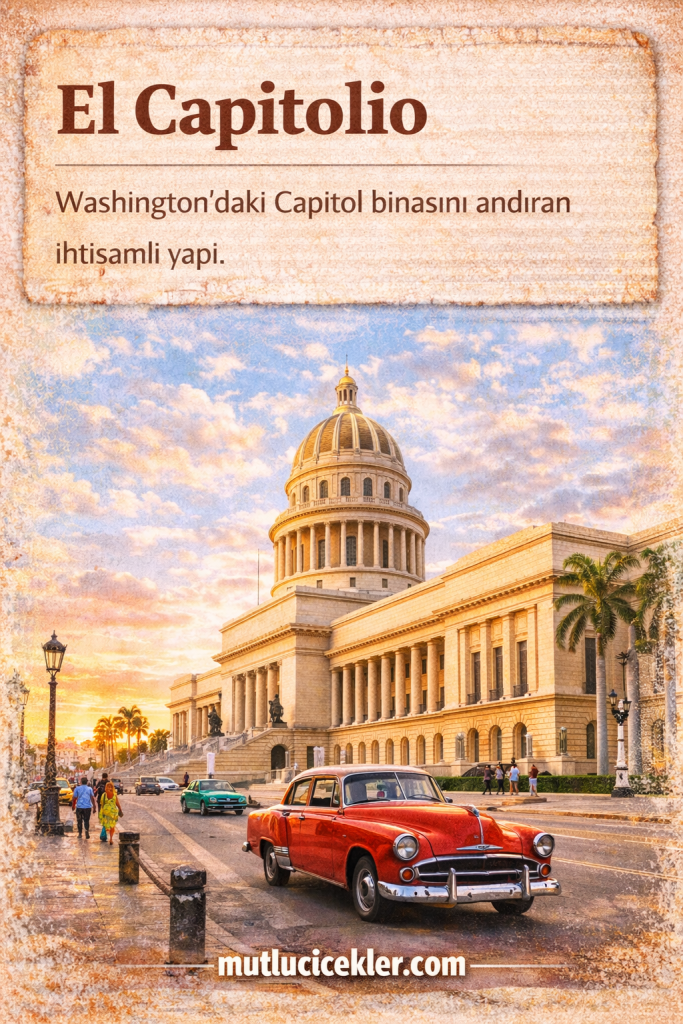 Havana'daki El Capitolio binası, güzel bir gün batımında gösterişli bir görünüm sergiliyor. Önünde klasik bir kırmızı araba yer alırken, çevresinde yürüyen insanlar ve palmiyeler dikkat çekiyor.