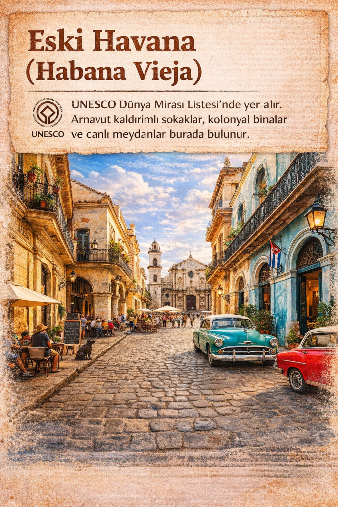 Eski Havana (Habana Vieja) sokak manzarası, Arnavut kaldırımlı yollar, koloniyal binalar ve canlı bir atmosferle dolu. UNESCO Dünya Mirası Listesi'nde yer alıyor.
