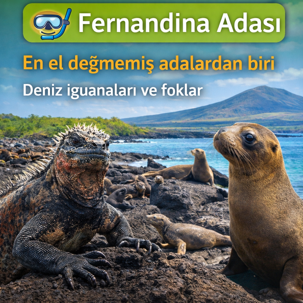 Fernandina Adası'nda deniz iguanaları ve fokların bulunduğu doğal bir manzara.