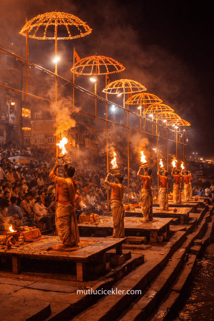 Varanasi'deki Dashashwamedh Ghat'ta yapılan Ganga Aarti töreninde ateş tutan rahipler, kalabalık izleyicilerin önünde ruhani bir atmosfer oluşturuyor.