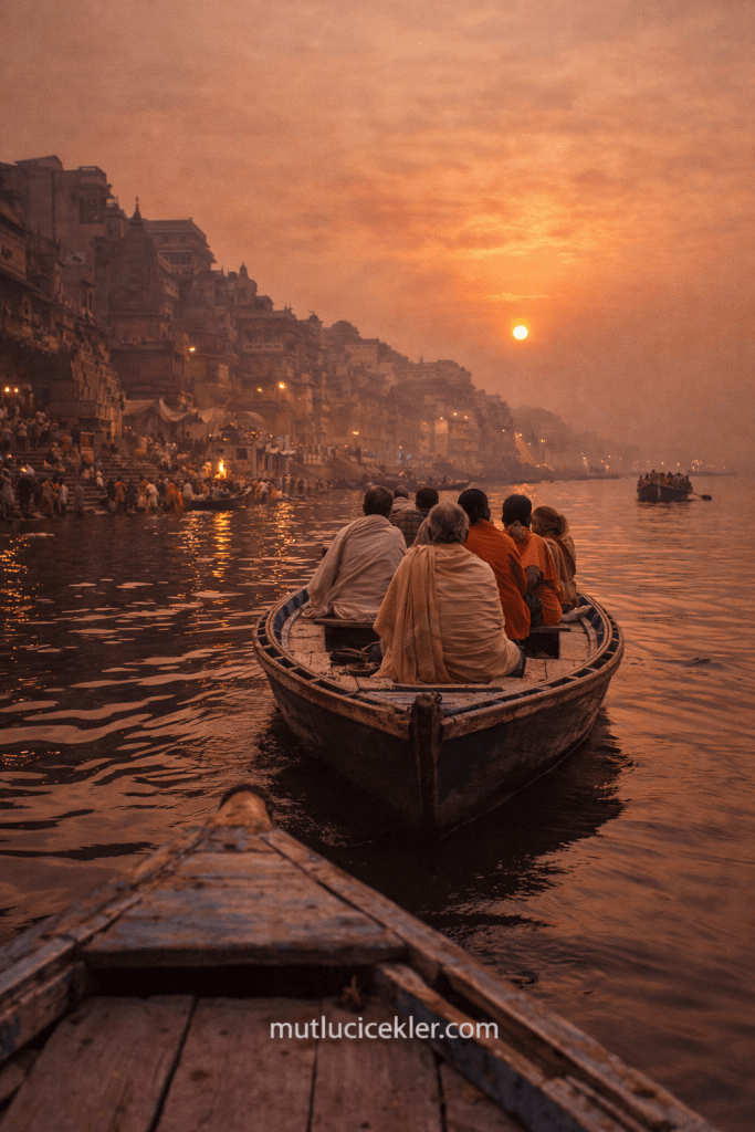Ganj Nehri üzerinde, gün doğumunda tekne turunda oturan kişiler, arka planda Varanasi'nin tarihi yapıları ve güneşin doğuşu ile birlikte mistik bir atmosfer oluşturuyor.