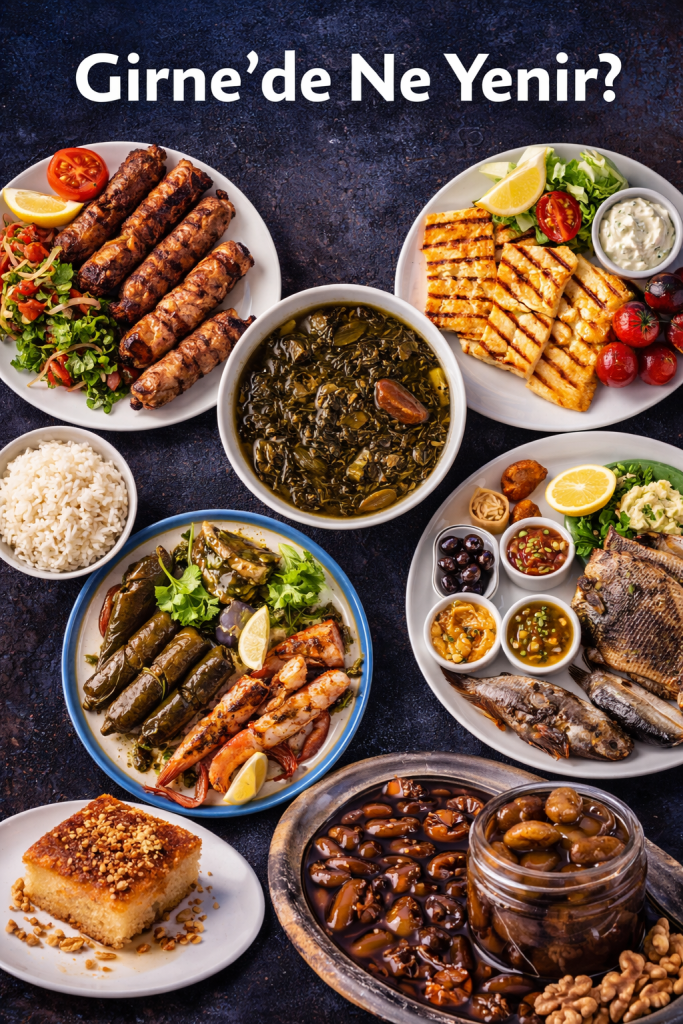 Çeşitli Kıbrıs yemekleri, meze, ızgara şeftali kebabı, deniz ürünleri ve tatlılar içeren bir masa dizaynı.
