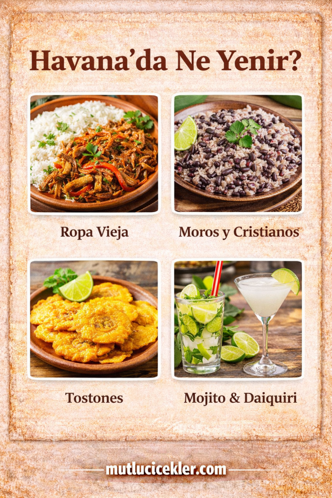 Havana'da Ne Yenir? başlıklı görüntüde, Ropa Vieja, Moros y Cristianos, Tostones, Mojito ve Daiquiri yemekleri sergilenmektedir. Dört adet tabak içinde yemekler, üst kısmında ise başlık yer almakta.