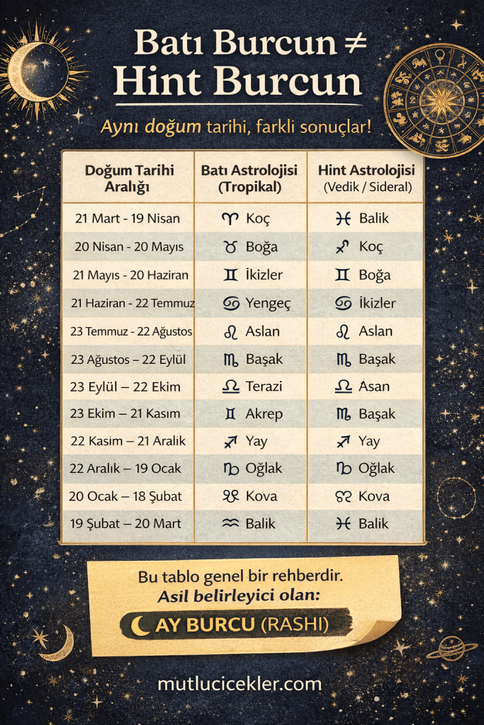 Bir tablo, Batı ve Hint astrolojisi arasındaki burçların karşılaştırmasını göstermektedir. Tablo, doğum tarihleri aralığına göre Batı (Tropikal) ve Hint (Vedik/Sideral) burçlarını listelemektedir. Ayrıca, Ay burcunun (Rashi) önemini vurgulayan bir açıklama içeriyor.