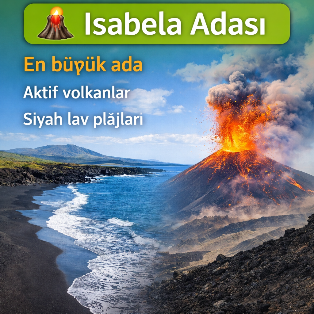 Isabela Adası'nın aktif volkanlarından birinin patlaması ile siyah lav plajlarının yer aldığı sahil manzarası.