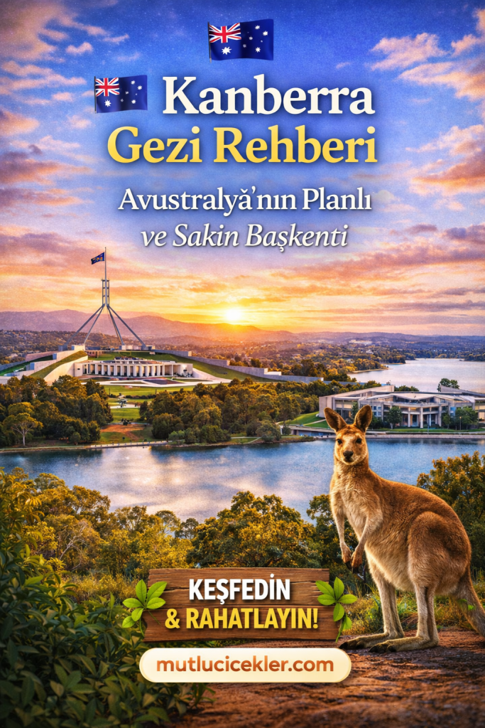 Kanberra Gezi Rehberi görseli; Avustralya'nın planlı ve sakin başkenti Kanberra'nın doğal güzellikleri ve simgeleri, arka planda Parliament House ve göl ile birlikte bir kanguru ile birlikte sunuluyor.