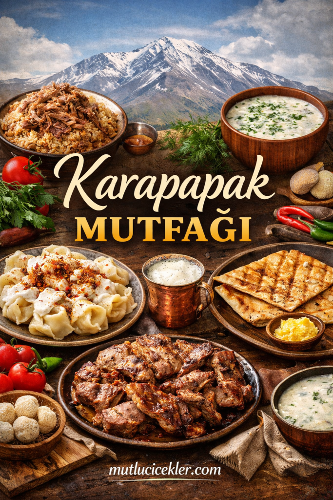 Karapapak mutfağını temsil eden, çeşitli yemeklerin ve içeceklerin yer aldığı bir sofranın görüntüsü, arka planda dağ manzarası ile birlikte.