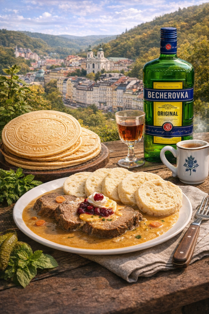 Bir tabakta et yemeği, yanında ekmek dilimleri ve sos ile birlikte. Arka planda güzel bir doğal manzara, ön planda Becherovka şişesi ve bir kadeh içecek.