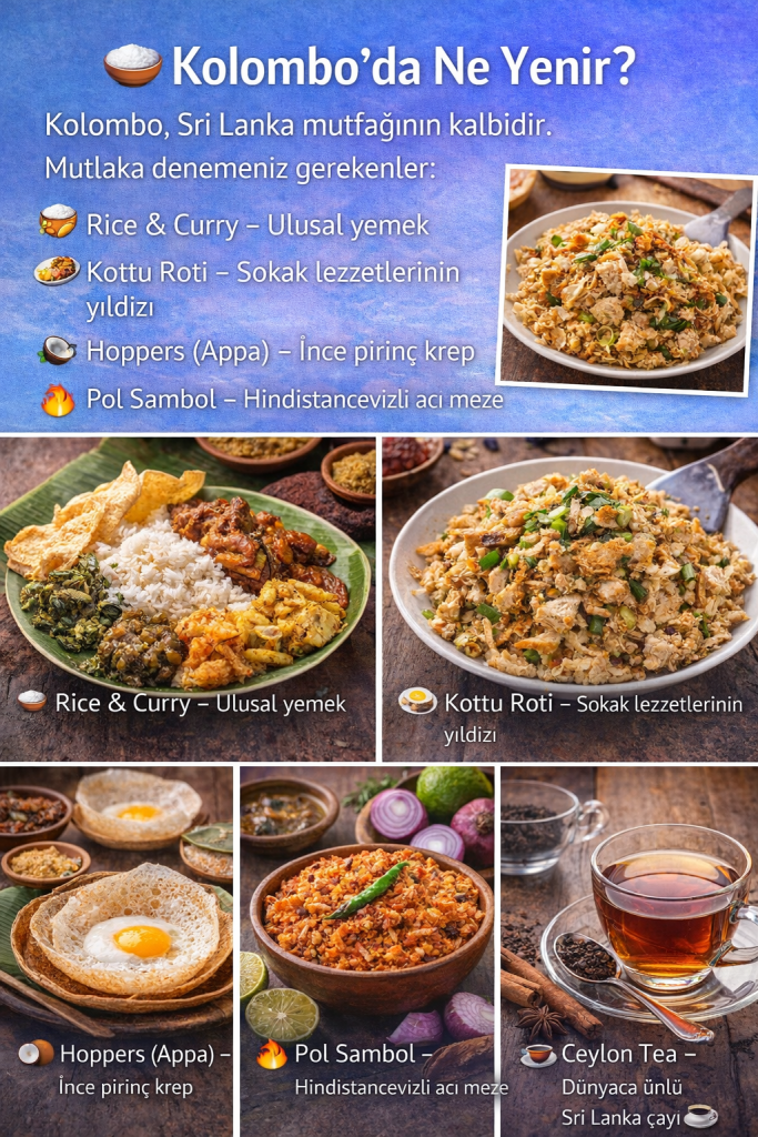 Kolombo, Sri Lanka mutfağının popüler yemekleri olan Rice & Curry, Kottu Roti, Hoppers (Appa), Pol Sambol ve Ceylon Tea'nin tanıtıldığı bir yemek sunumu.