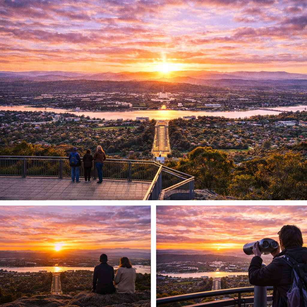 Gözlerden uzak bir noktada, Kanberra'nın panoramik manzarası eşliğinde gün doğumunu izleyen insanlar.