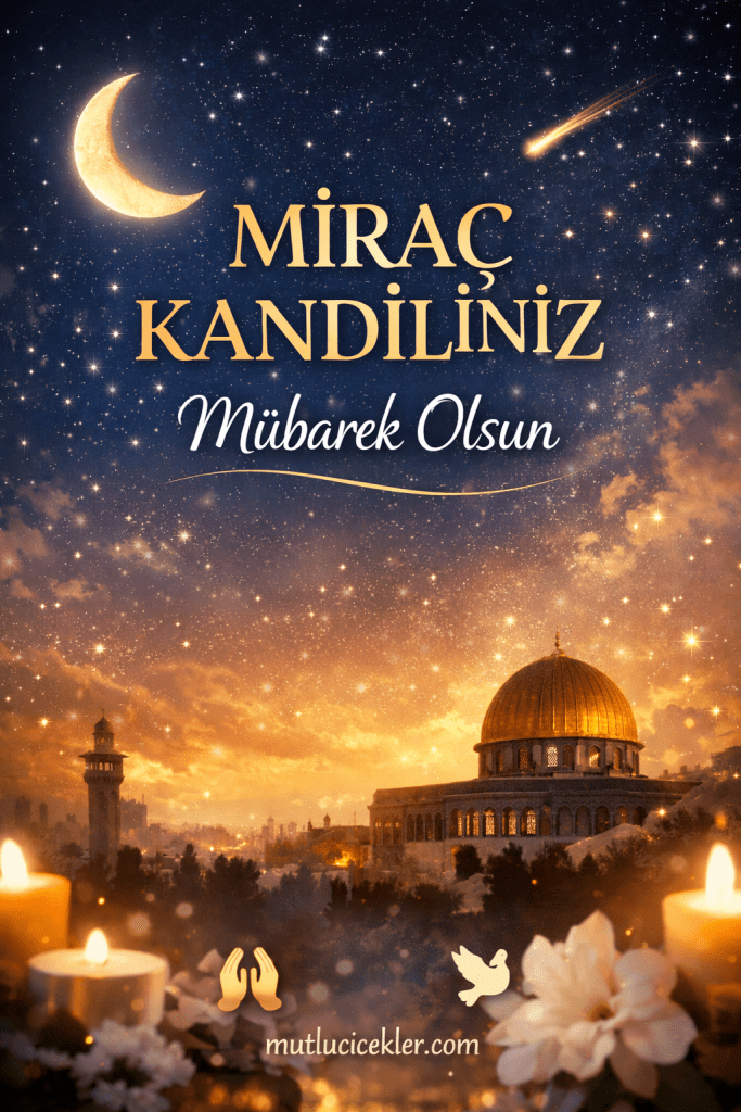 Miraç Kandili'ni kutlayan, gece gökyüzü ve ay ile süslü bir manzara, ön planda mumlar ve çiçekler yer alıyor.