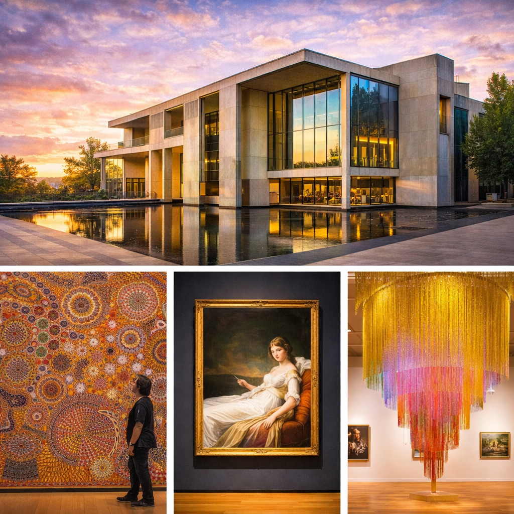 National Gallery of Australia, modern mimari ve sanat eserleriyle dolu bir yapı; gün batımında göz alıcı bir arka plana sahip.