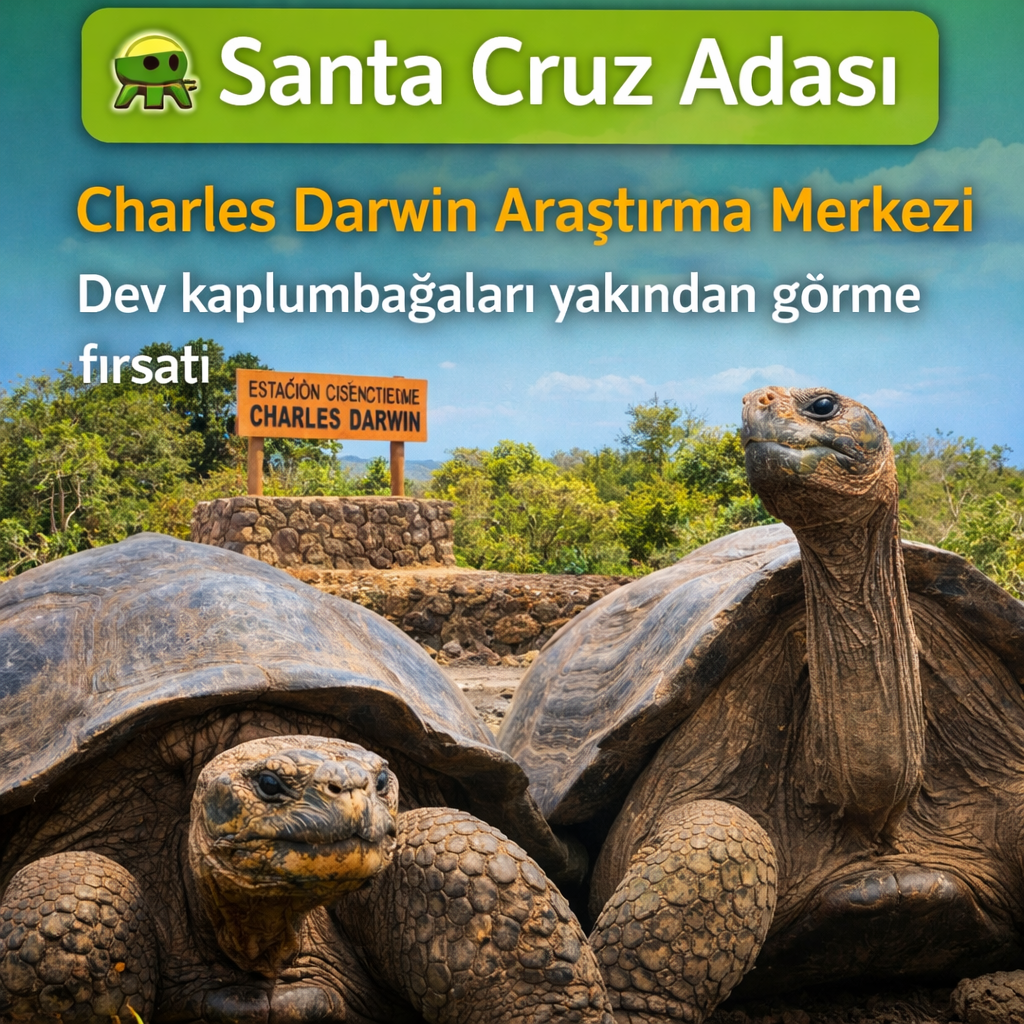 Santa Cruz Adası'nda yer alan Charles Darwin Araştırma Merkezi'nin önünde, dev kaplumbağalar ve orman manzarası.