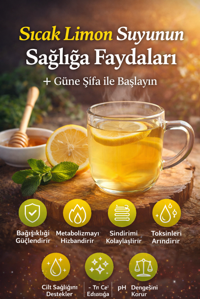 Sıcak limon suyunun sağlık faydaları ve yanında limon dilimleri ile bir fincan sıcak limon suyu.